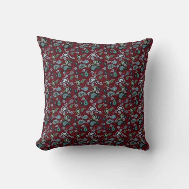 Burgundy and Aqua Boho Paisley Throw Pillow (Front)