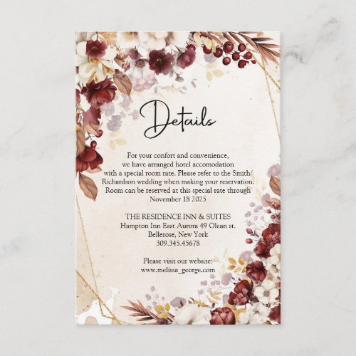 Burgundy and autumn flowers and leaves gold frame enclosure card