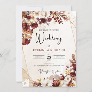 Burgundy and autumn flowers and leaves gold frame invitation