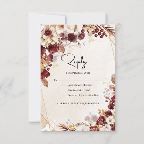 Burgundy and autumn flowers and leaves gold frame  RSVP card