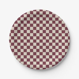 Burgundy and Beige Checkerboard Paper Plates