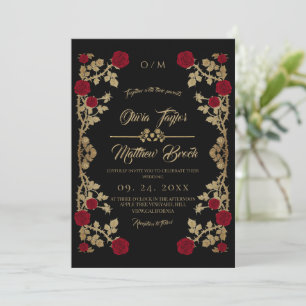 Burgundy and black ⎮ Boho Red Rose Wedding Invitation