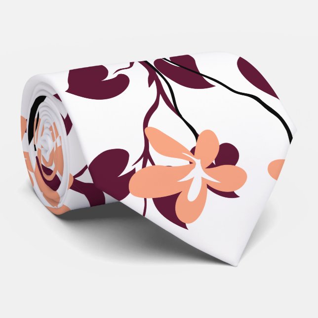 Burgundy and black branch and peach flowers neck tie (Rolled)
