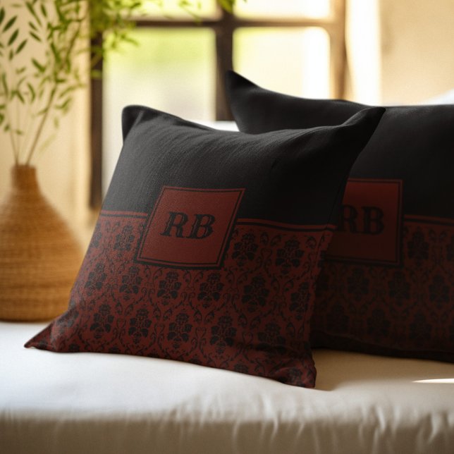 Burgundy and Black Damask Monogram Pattern Throw Pillow (Creator Uploaded)