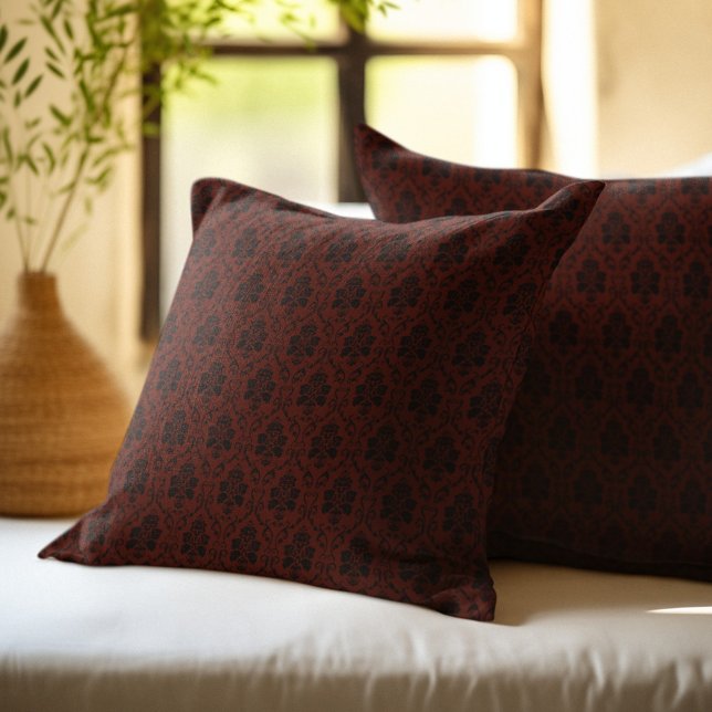 Burgundy and Black Damask Pattern Throw Pillow (Creator Uploaded)