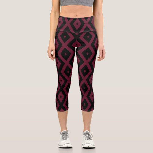 Burgundy and black diamond pattern capri leggings