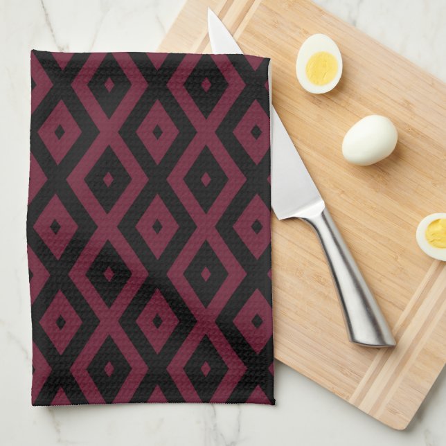 Burgundy and black diamond pattern kitchen towel (Quarter Fold)