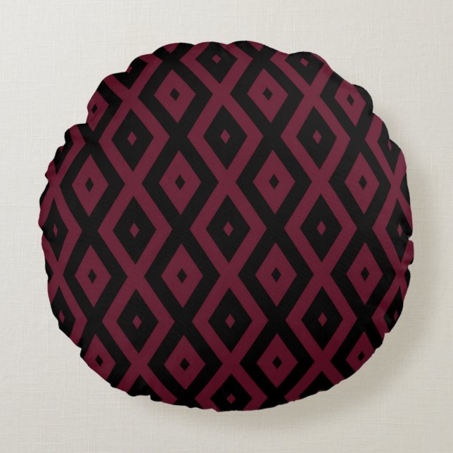 Burgundy and black diamond pattern round pillow (Front)