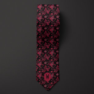 Burgundy and Black Floral Neck Tie