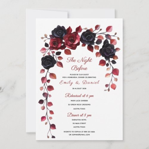 Burgundy and black floral rehearsal dinner invite