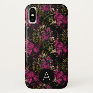 Burgundy and Black Gold Foil Roses Monogram iPhone X Case