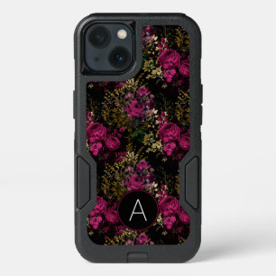 Burgundy and Black Gold Foil Roses Monogram iPhone 13 Case