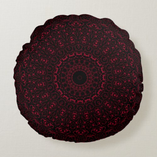 Burgundy and Black Mandala Kaleidoscope Medallion  Round Pillow