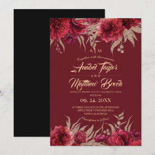 Burgundy and black ⎮ Red Flowers Floral Wedding Invitation