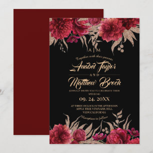 Burgundy and black ⎮ Red Gold Floral Wedding Invitation