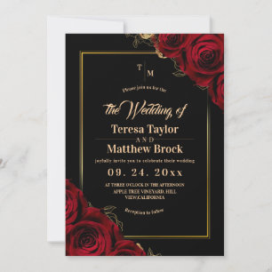 Burgundy and black ⎮ Red Rose Modern Wedding Invitation