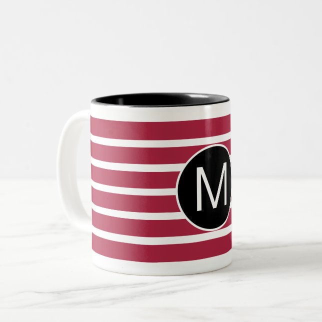 Burgundy and Black Striped Monogram Two-Tone Coffee Mug (Front Left)