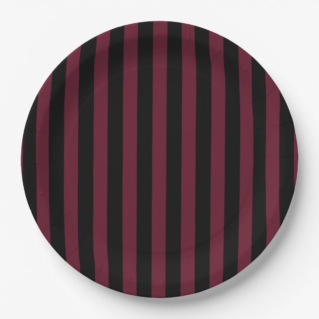 Burgundy and black stripes paper plates (Front)