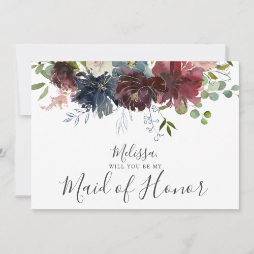 Burgundy and Blue Floral Be My Maid of Honor Invitation
