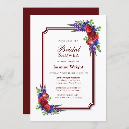 Burgundy and Blue Floral Bridal Shower Invitation