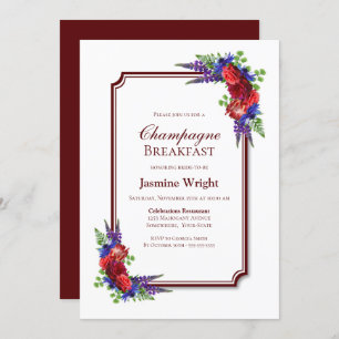 Burgundy and Blue Floral Champagne Breakfast Invitation