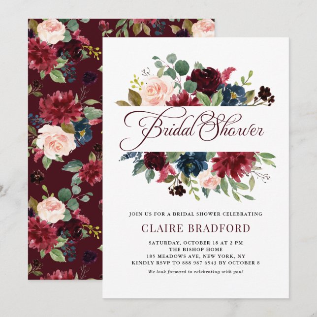 Burgundy and Blue Floral Frame Fall Bridal Shower Invitation (Front/Back)