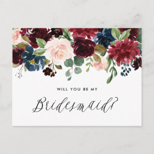 Burgundy and Blue Floral Garland Be My Bridesmaid Invitation Postcard