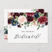 Burgundy and Blue Floral Garland Be My Bridesmaid Invitation Postcard (Front/Back)