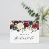 Burgundy and Blue Floral Garland Be My Bridesmaid Invitation Postcard (Standing Front)