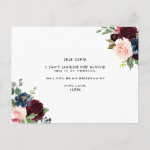 Burgundy and Blue Floral Garland Be My Bridesmaid Invitation Postcard (Back)