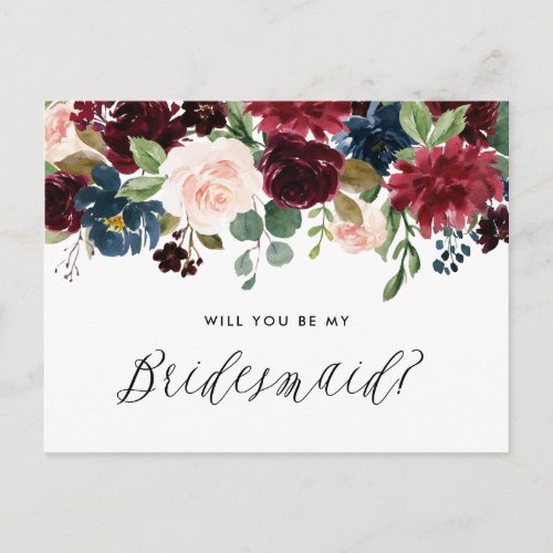 Burgundy and Blue Floral Garland Be My Bridesmaid Invitation Postcard