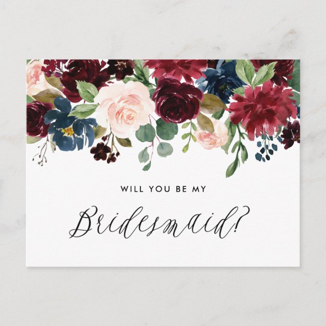 Burgundy and Blue Floral Garland Be My Bridesmaid Invitation Postcard (Front)