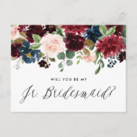 Burgundy and Blue Floral Garland Junior Bridesmaid Invitation Postcard