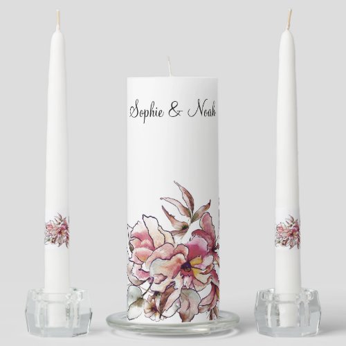 Burgundy and Blue Floral Garland Watercolor Unity Candle Set