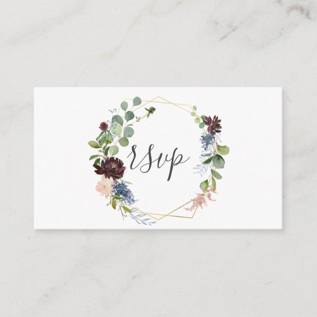 Burgundy and Blue Floral Geometric Wedding RSVP Enclosure Card (Front)