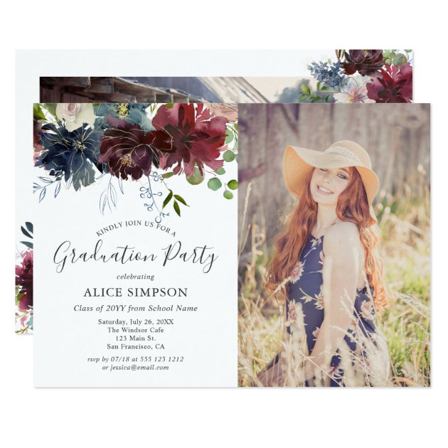 Burgundy And Blue Floral Graduation Party Photo Card