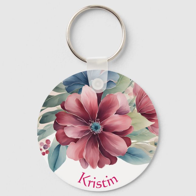 Burgundy and Blue Floral Keychain (Front)