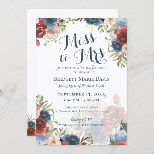 Burgundy and Blue Floral Miss to Mrs Bridal Showe Invitation