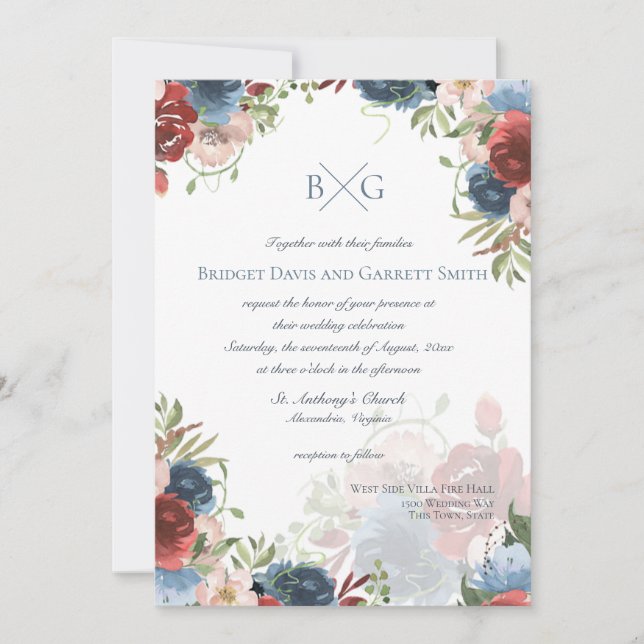 Burgundy and Blue Floral Monogram Invitation (Front)