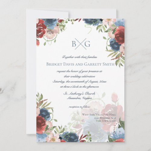 Burgundy and Blue Floral Monogram Invitation