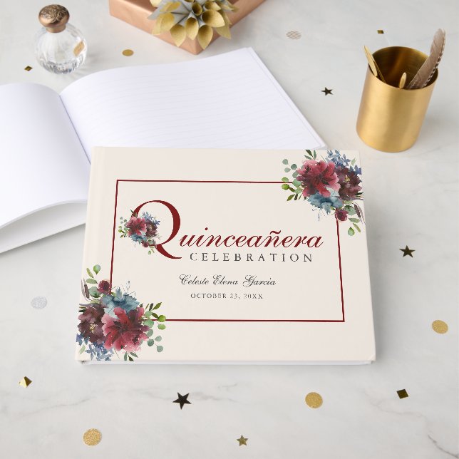 Burgundy and Blue Floral Quinceanera Birthday Guest Book (Front Open)