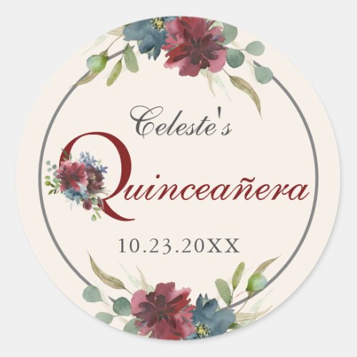 Burgundy and Blue Floral Quinceanera Party Classic Round Sticker