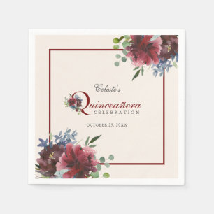 Burgundy and Blue Floral Quinceanera Party Napkins