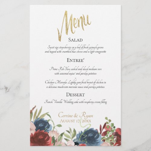 Burgundy and Blue Floral Wedding Dinner Menu