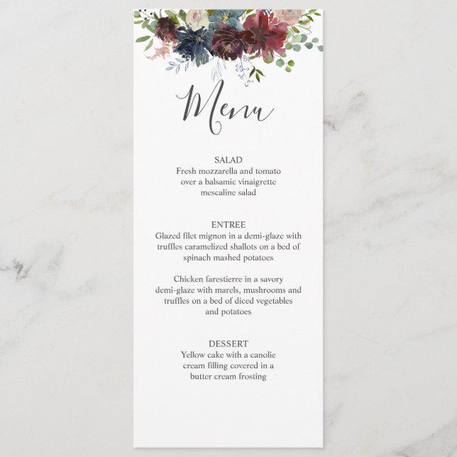 Burgundy and Blue Floral Wedding Menu (Front)