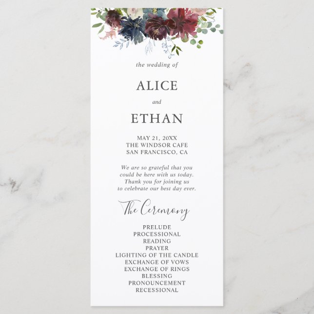 Burgundy and Blue Floral Wedding Program (Front)