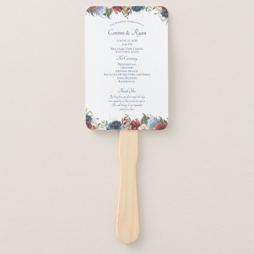 Burgundy and Blue Floral Wedding Program Fan