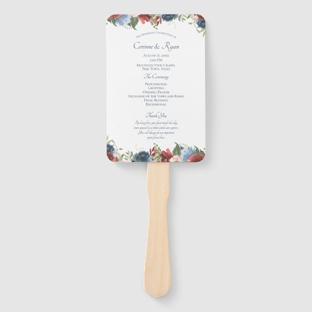 Burgundy and Blue Floral Wedding Program Fan (Front)