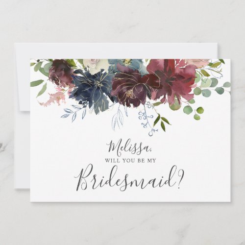 Burgundy and Blue Floral Will You Be My Bridesmaid Invitation