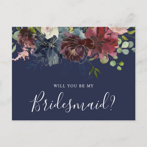 Burgundy and Blue Floral Will You Be My Bridesmaid Invitation Postcard